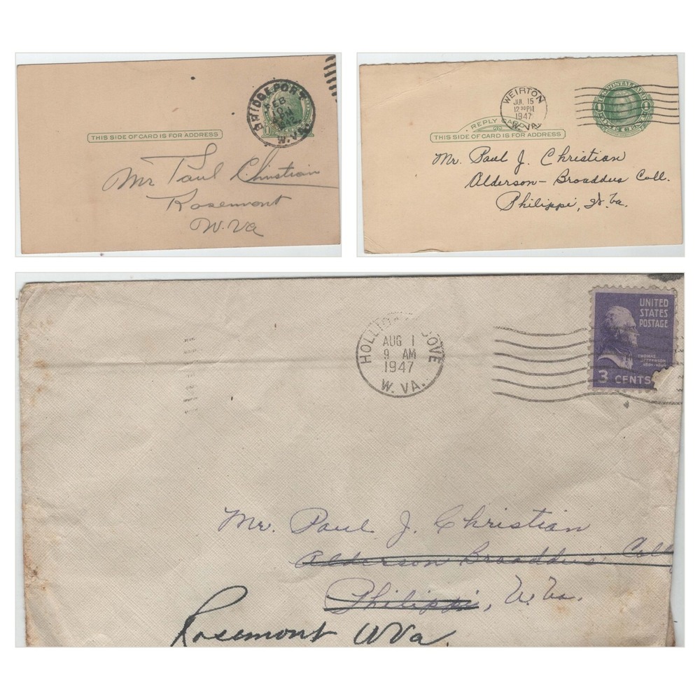 1942-47 WV Postal History Lot 3 Alderson Broaddus College Philippi Rosemont